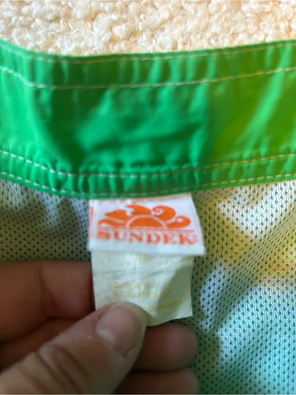 Sundek Green Swim Shorts with White Drawstring and Blue Stripe vintage